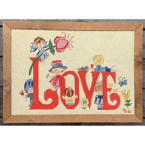 Retro Vintage Framed Embroidery 1970's 'LOVE' Wall Art Textile Decor Flowers MCM